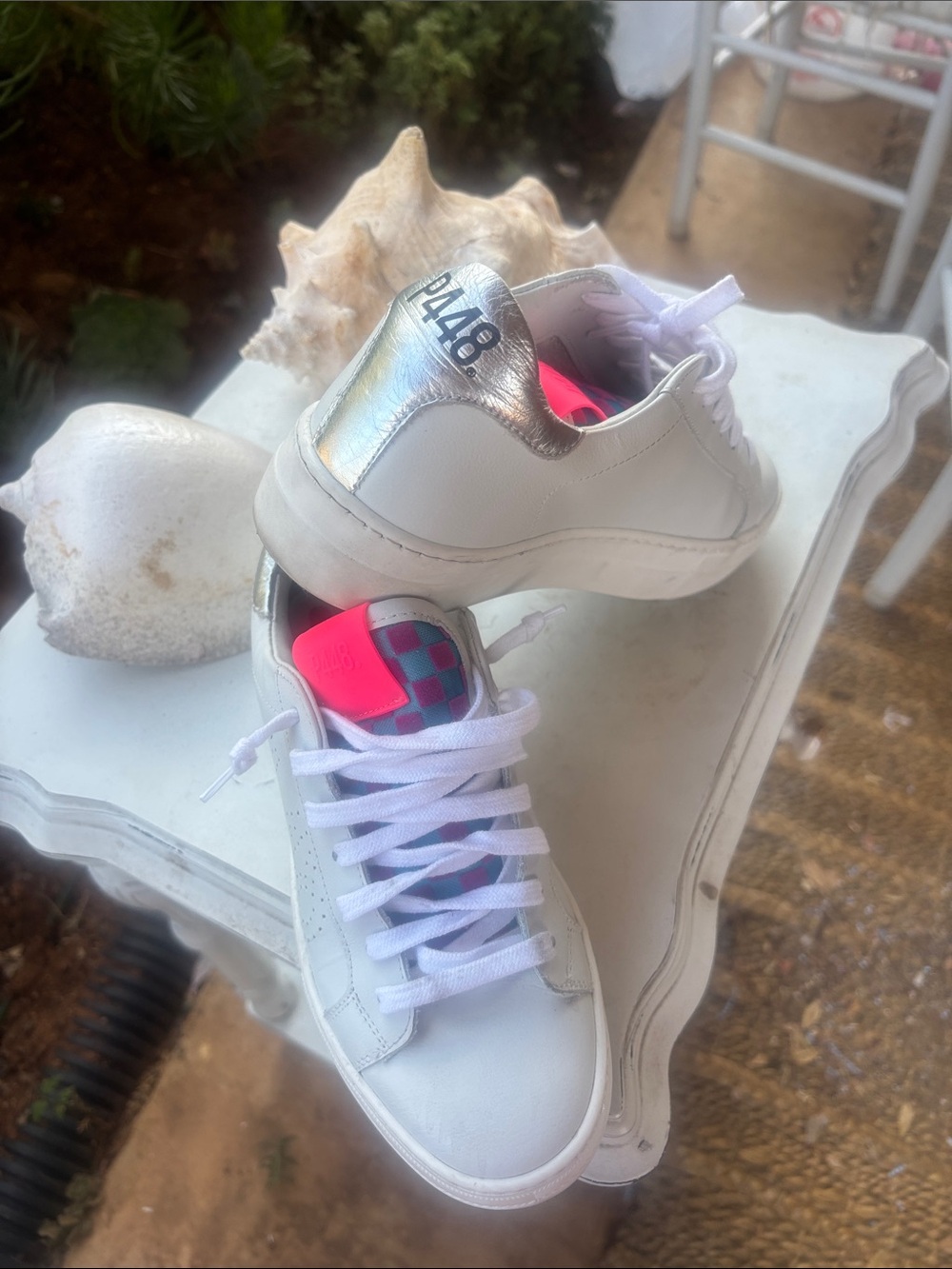 P448 with Silver Heel, fuchsia, and turquoise checkered tongue size 6/36